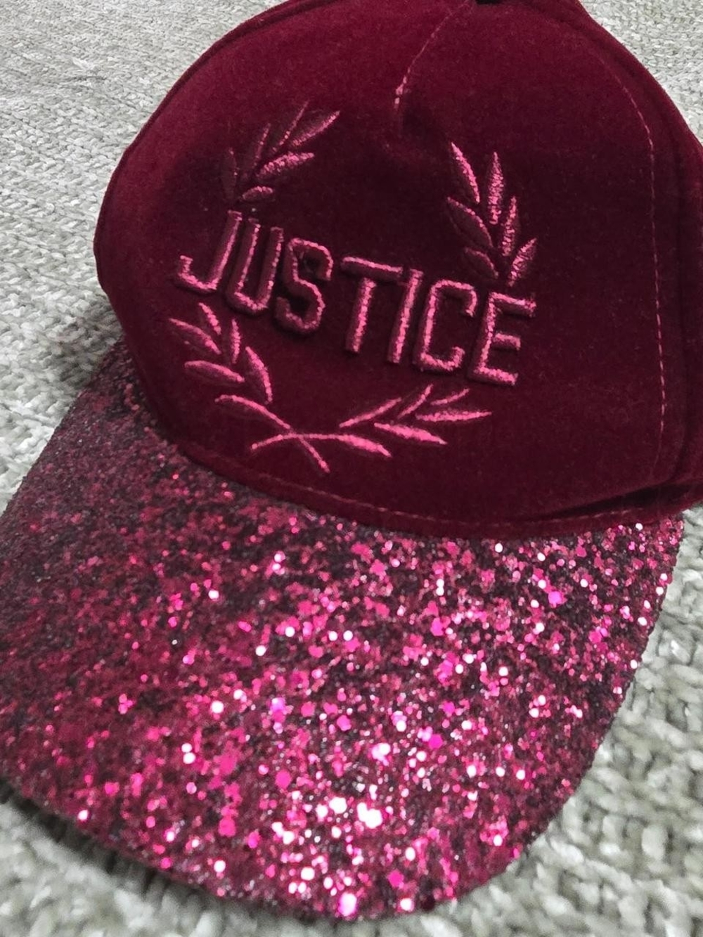 Justice Girls Velvet Baseball Cap with Burgandy Glitter Brim